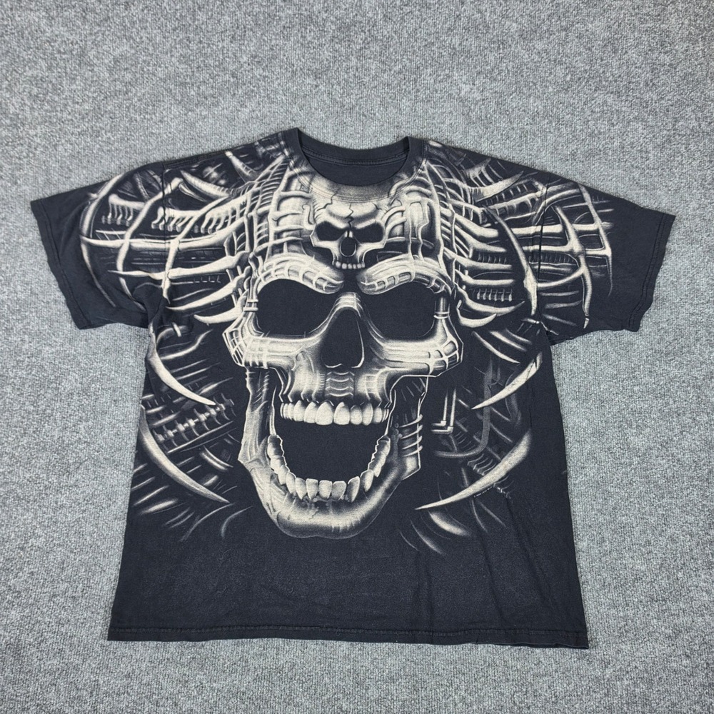 Vintage 2000 Liquid Blue Skull All Over Print T Shirt Black Mens XL AOP Y2K Goth